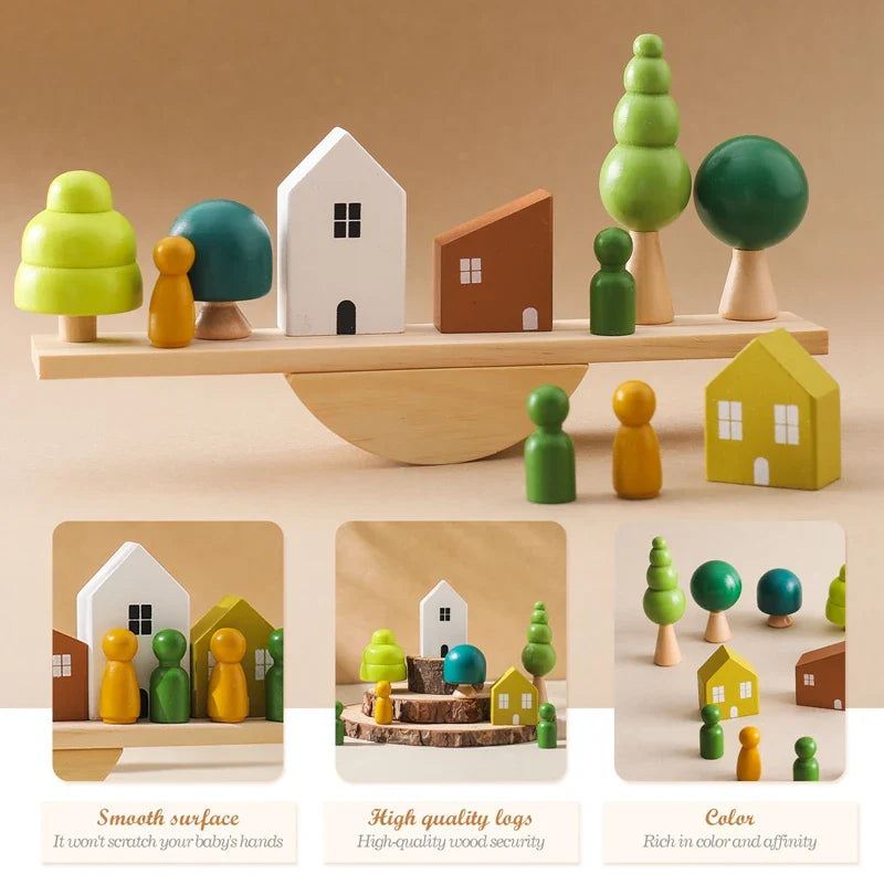 House-and-tree wooden balancing set with close-ups of the painted pieces