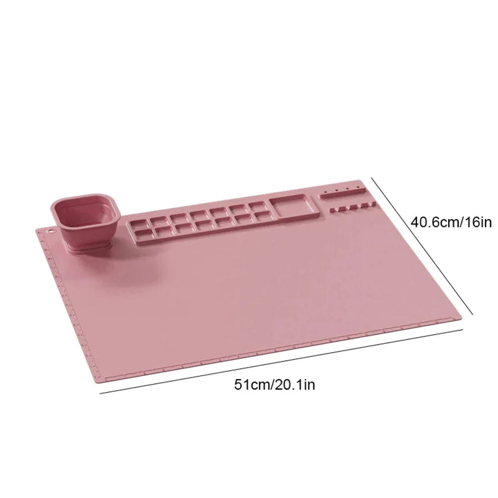 Pink silicone painting mat with dimensions labeled 20.1 x 16 inches (51 x 40.6 cm).