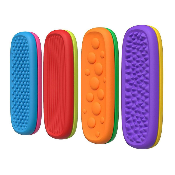 Colorful sensory strips grouped in pairs to show four different raised surface patterns.