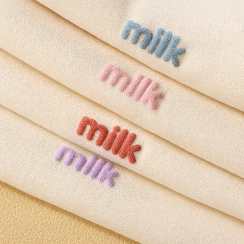 Blue, pink, red, and purple chest embroidery on stacked cream pajama tops.