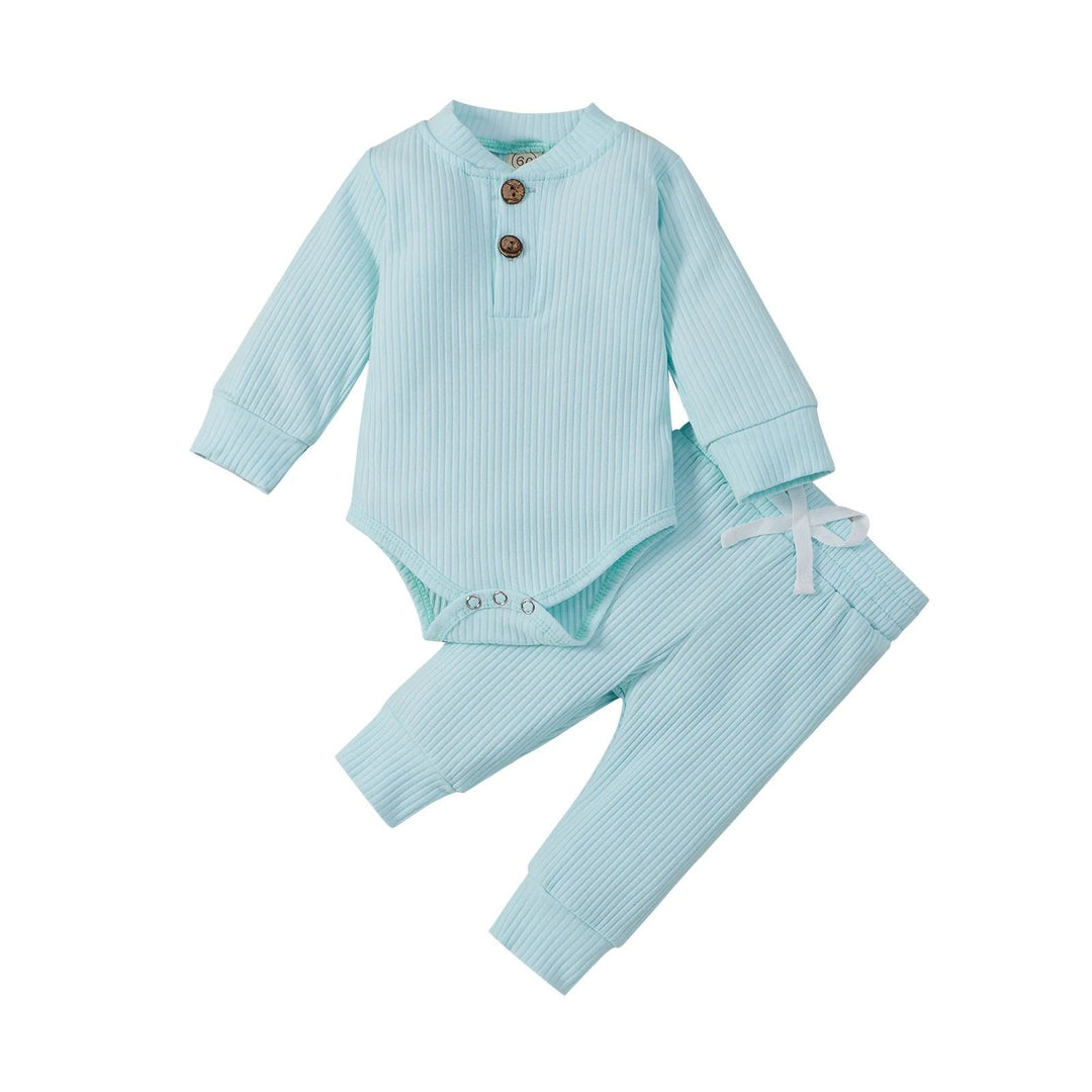 Pale blue baby bodysuit and matching pants with ribbed fabric and button neckline