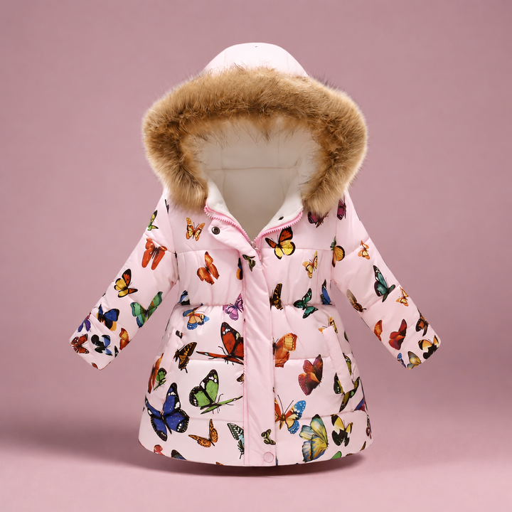 Pale pink quilted coat with colorful butterflies and a fluffy-trimmed hood