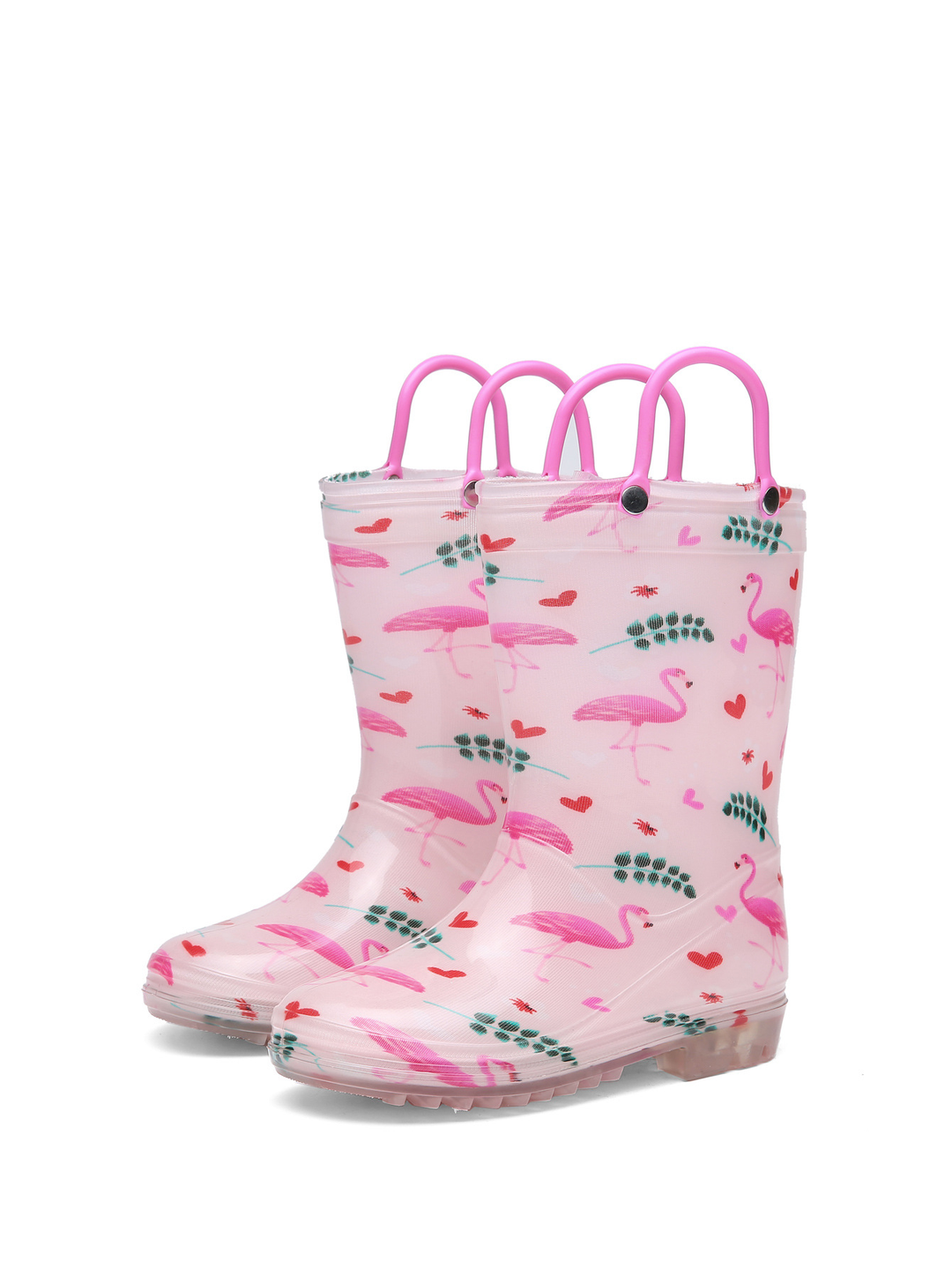 Pair of pale pink flamingo-print rain boots with pink pull-on loops