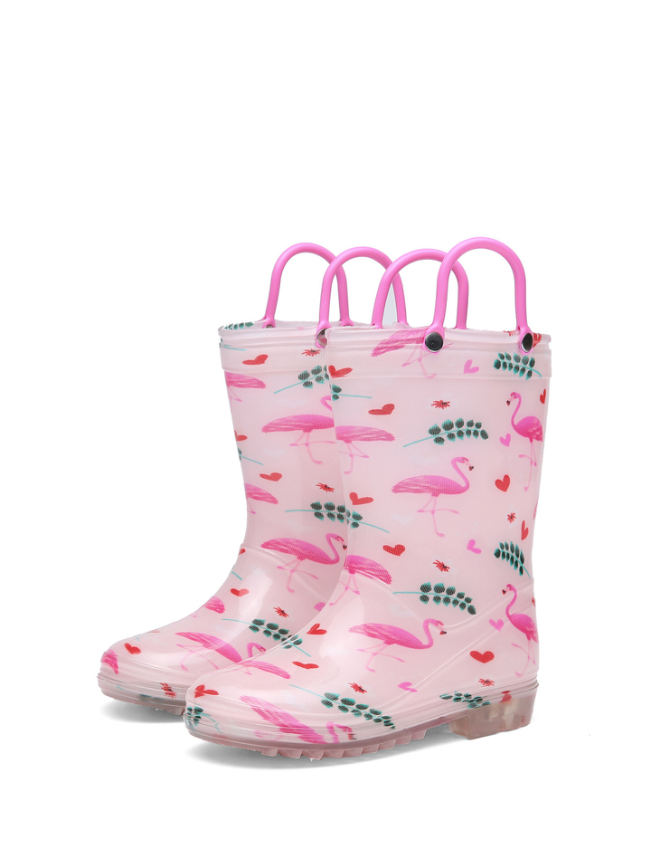 Pair of pale pink flamingo-print rain boots with pink pull-on loops