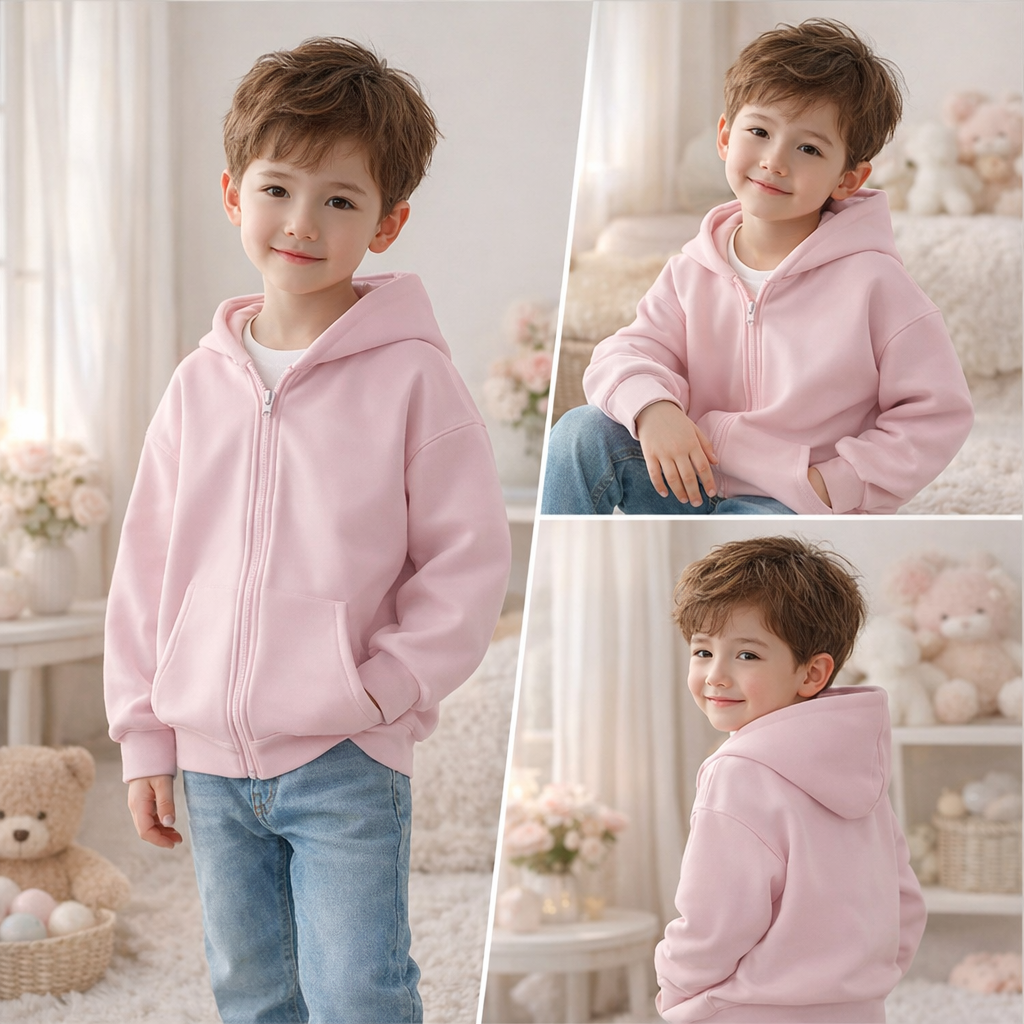 Child modeling a pale pink zip-up hoodie indoors from the front and back.