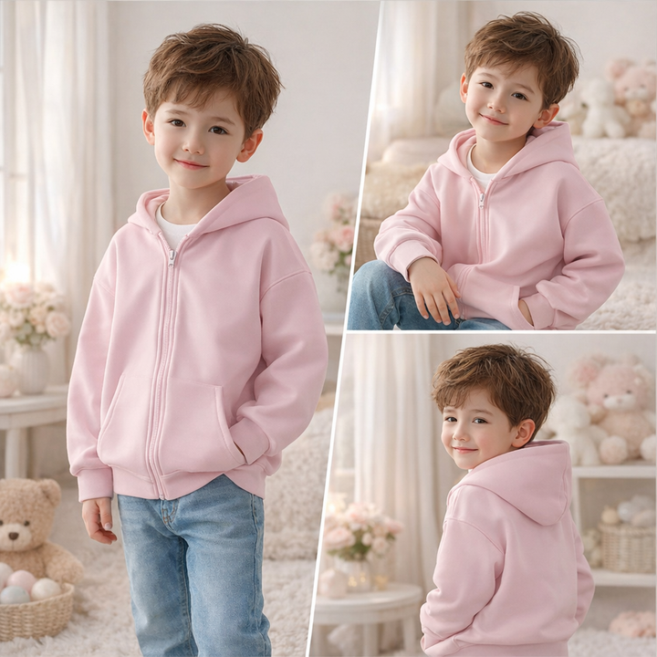 Child modeling a pale pink zip-up hoodie indoors from the front and back.