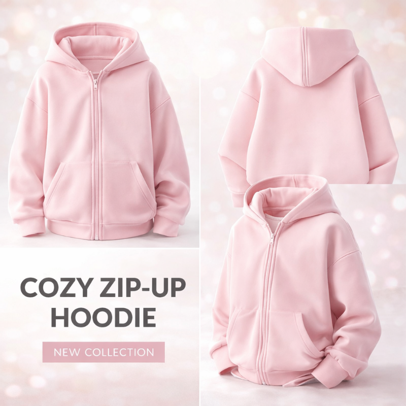 Pale pink zip-up hoodie shown from the front, back, and angled views.