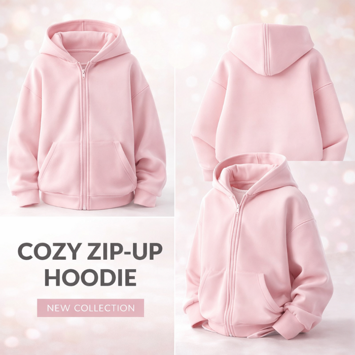 Pale pink zip-up hoodie shown from the front, back, and angled views.