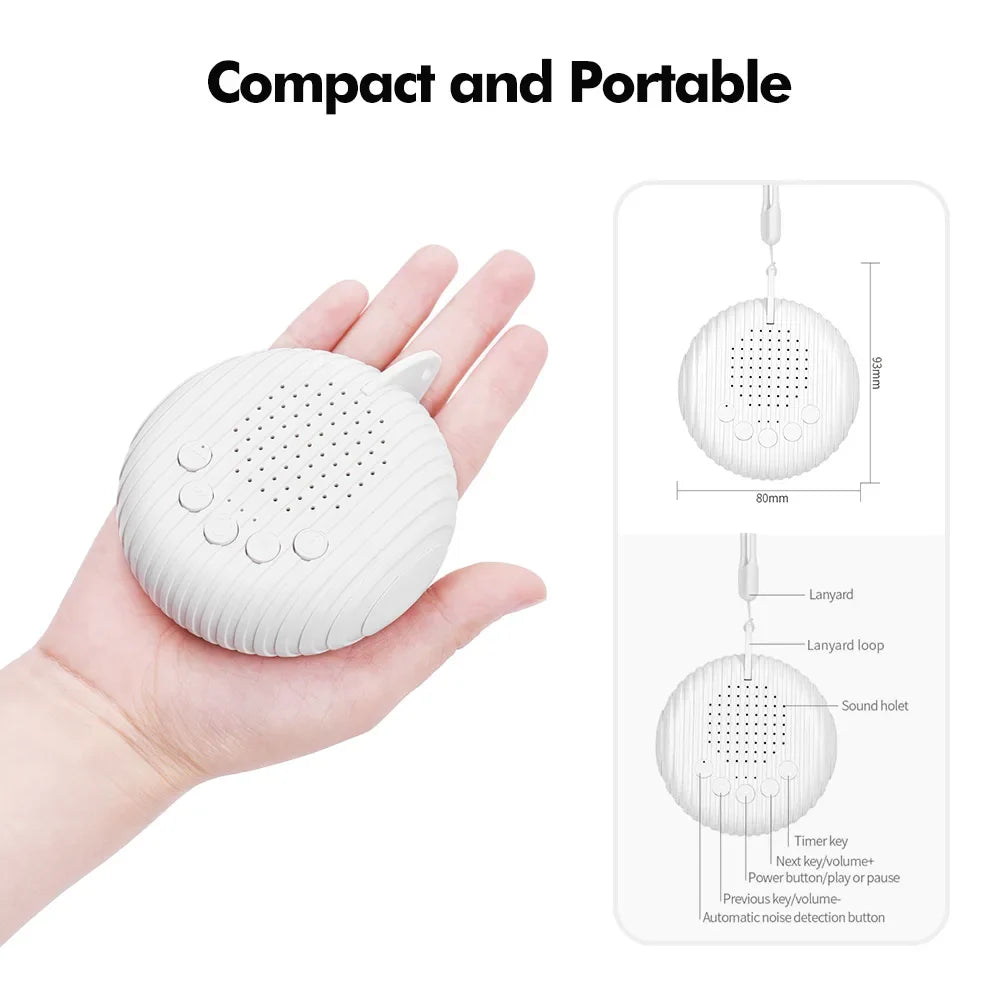 Compact white sound machine resting in a hand beside dimension and control diagrams
