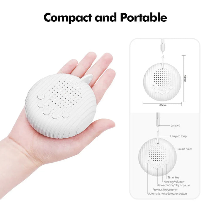 Compact white sound machine resting in a hand beside dimension and control diagrams