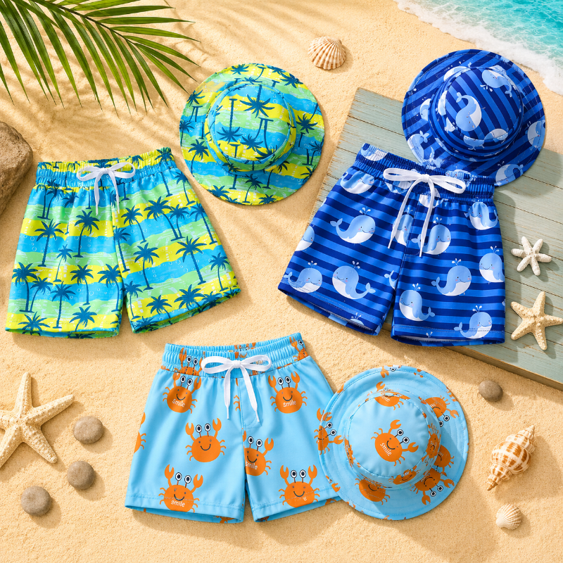 Palm-tree, whale, and crab swim trunks with matching bucket hats arranged on sand