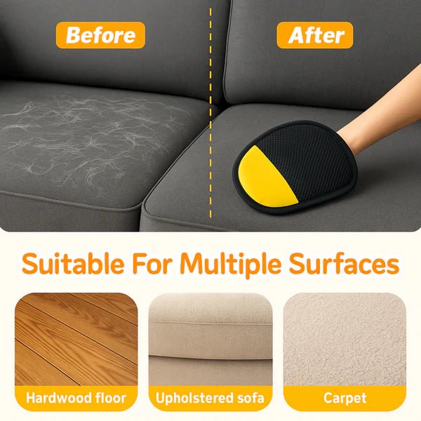 Before and after pet hair removal from an upholstered sofa with cleaning glove