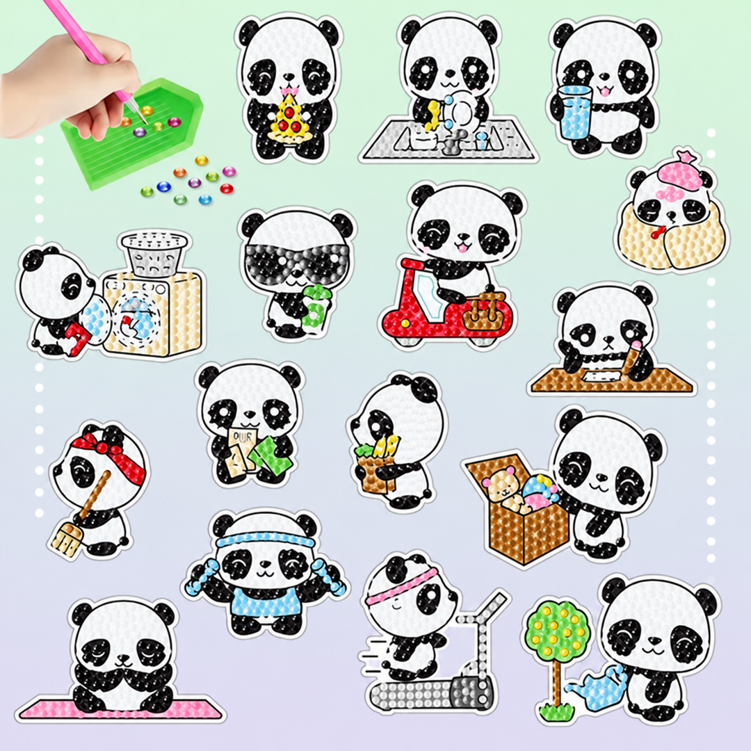 Panda diamond painting stickers with scooters, a keyboard, and a gift box