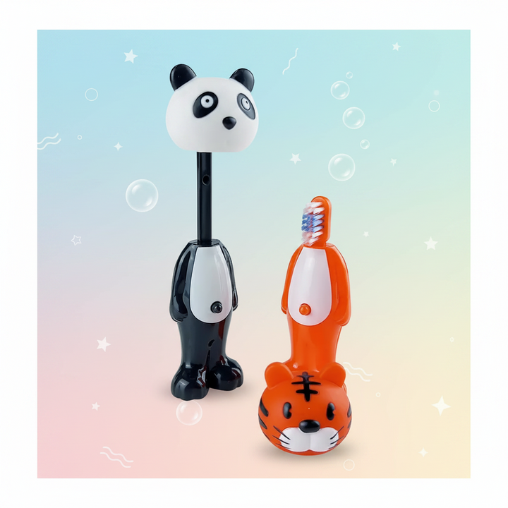 Panda and tiger toothbrushes showing covered and uncovered brush heads