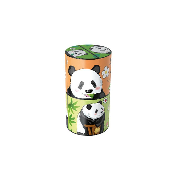 Cylinder design with green and orange panda illustrations