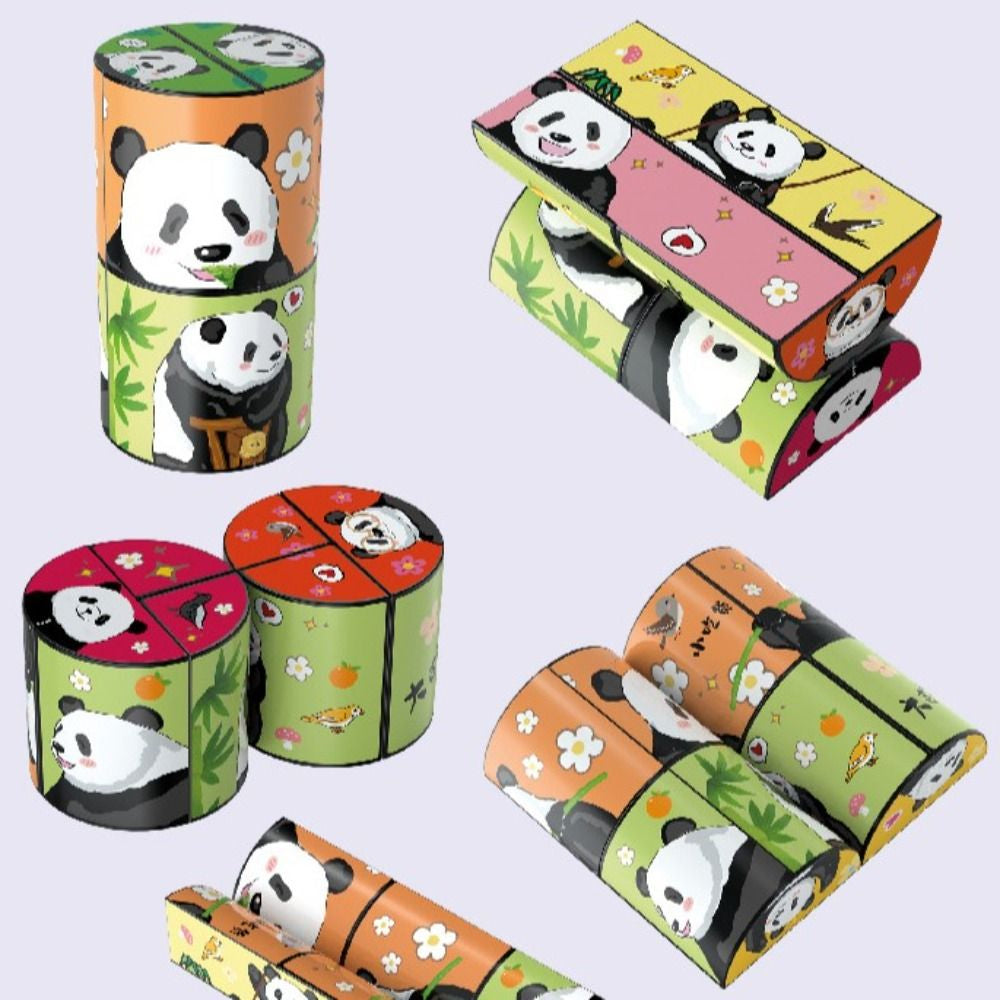Cylinder panda puzzle shown upright, opened flat, and folded into different arrangements