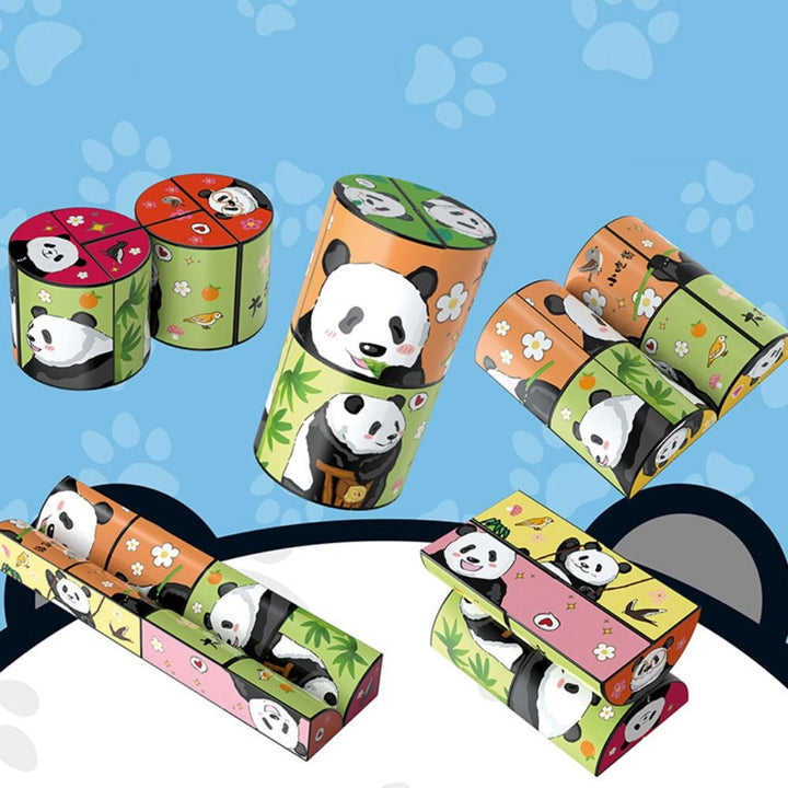 Cylinder panda puzzle in upright, split, and flattened configurations