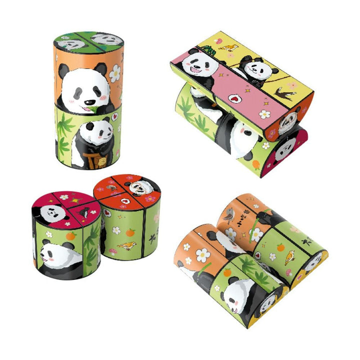 Cylinder panda puzzle with examples of its opened and folded forms