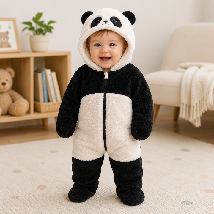 Baby wearing a black-and-white panda onesie with a front zipper and footed legs.