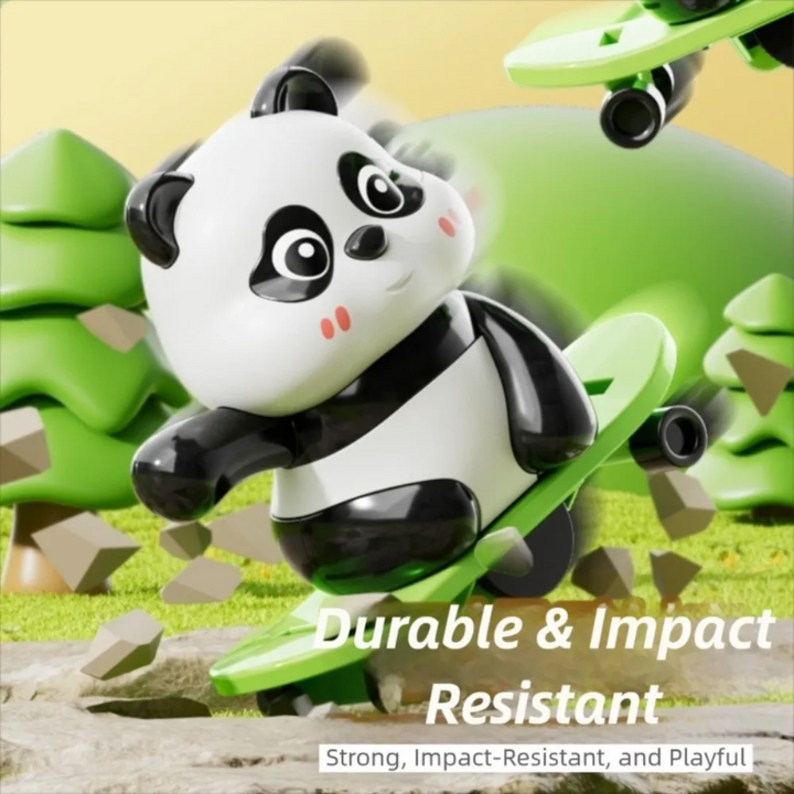 Panda toy tilted on a green skateboard in a decorative outdoor scene.