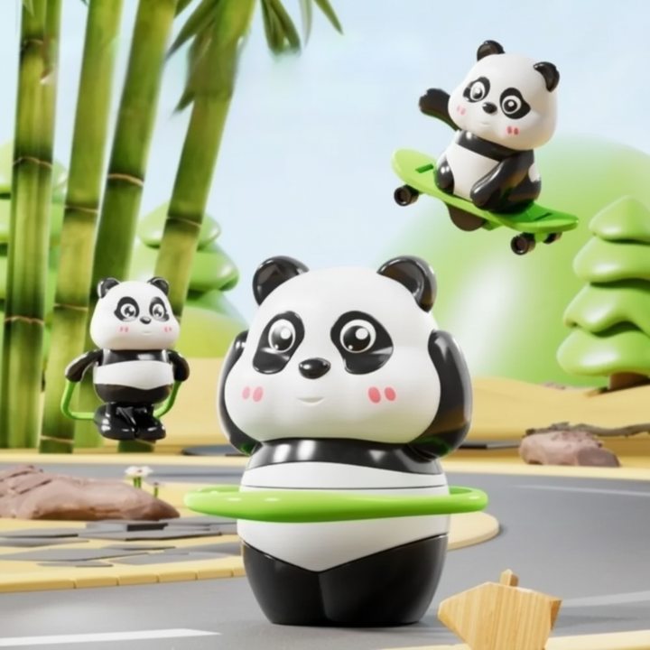 Hoop-spinning panda in front of smaller jump-rope and skateboarding panda toys.