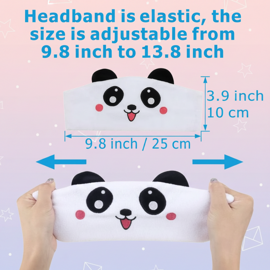 Panda sleep mask measurement chart showing adjustable stretch, 25 cm width, and 10 cm height.