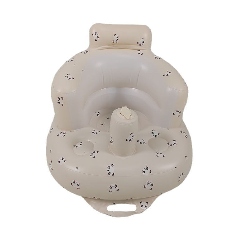 Panda-print inflatable baby seat with rounded armrests, a front support column, and a broad base.