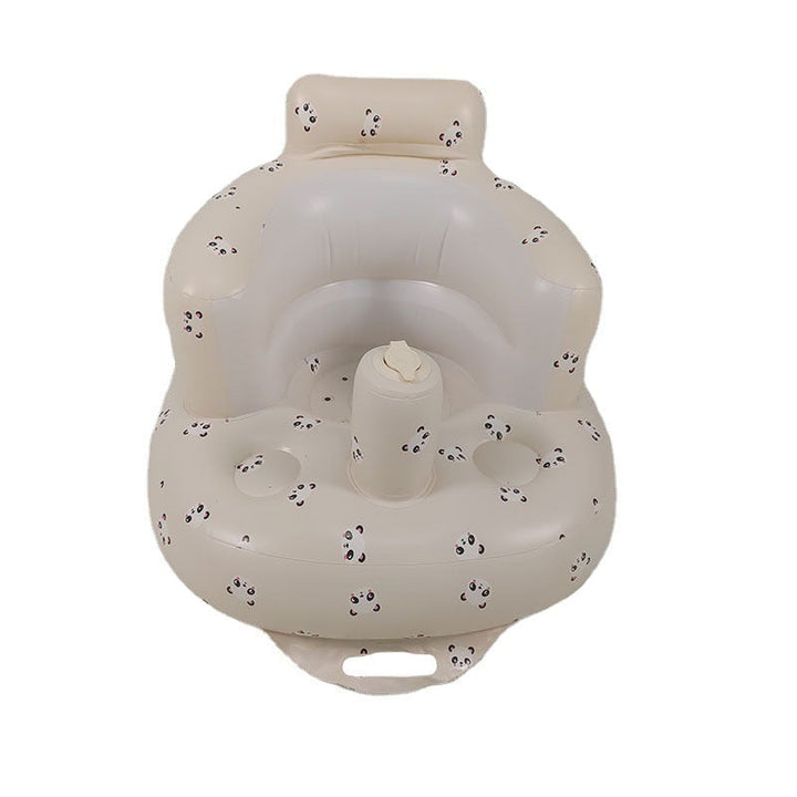 Panda-print inflatable baby seat with rounded armrests, a front support column, and a broad base.
