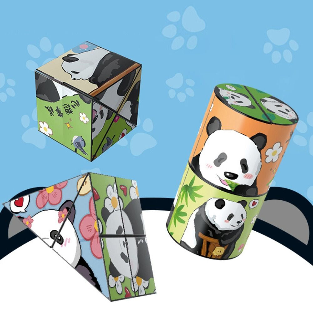 Panda puzzles in cube, cylinder, and triangular forms on a blue background