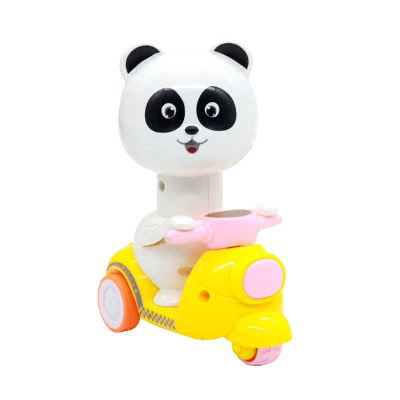 Black-and-white panda rider on a yellow and pink toy motorcycle