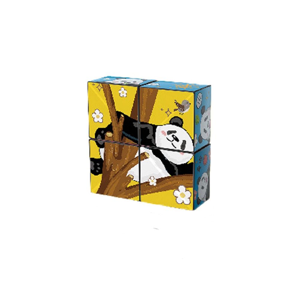 Square design with a panda sitting in a tree and yellow illustrated panels