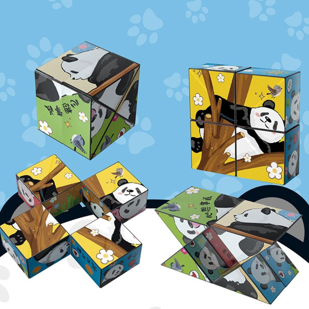 Square panda puzzle shown closed, partly opened, and folded into different forms