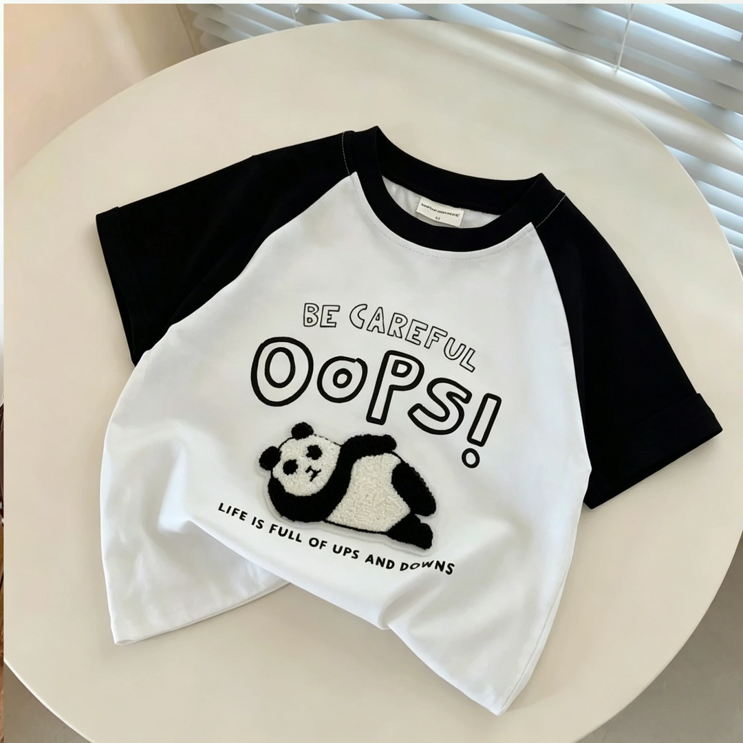 Panda graphic T-shirt with black raglan sleeves and a black round neckline