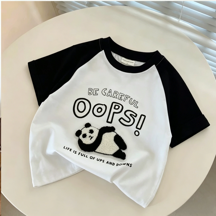 Panda graphic T-shirt with black raglan sleeves and a black round neckline