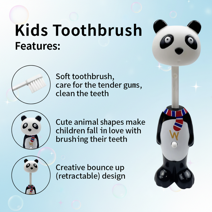 Panda toothbrush graphic highlighting soft bristles, animal styling and a retractable design