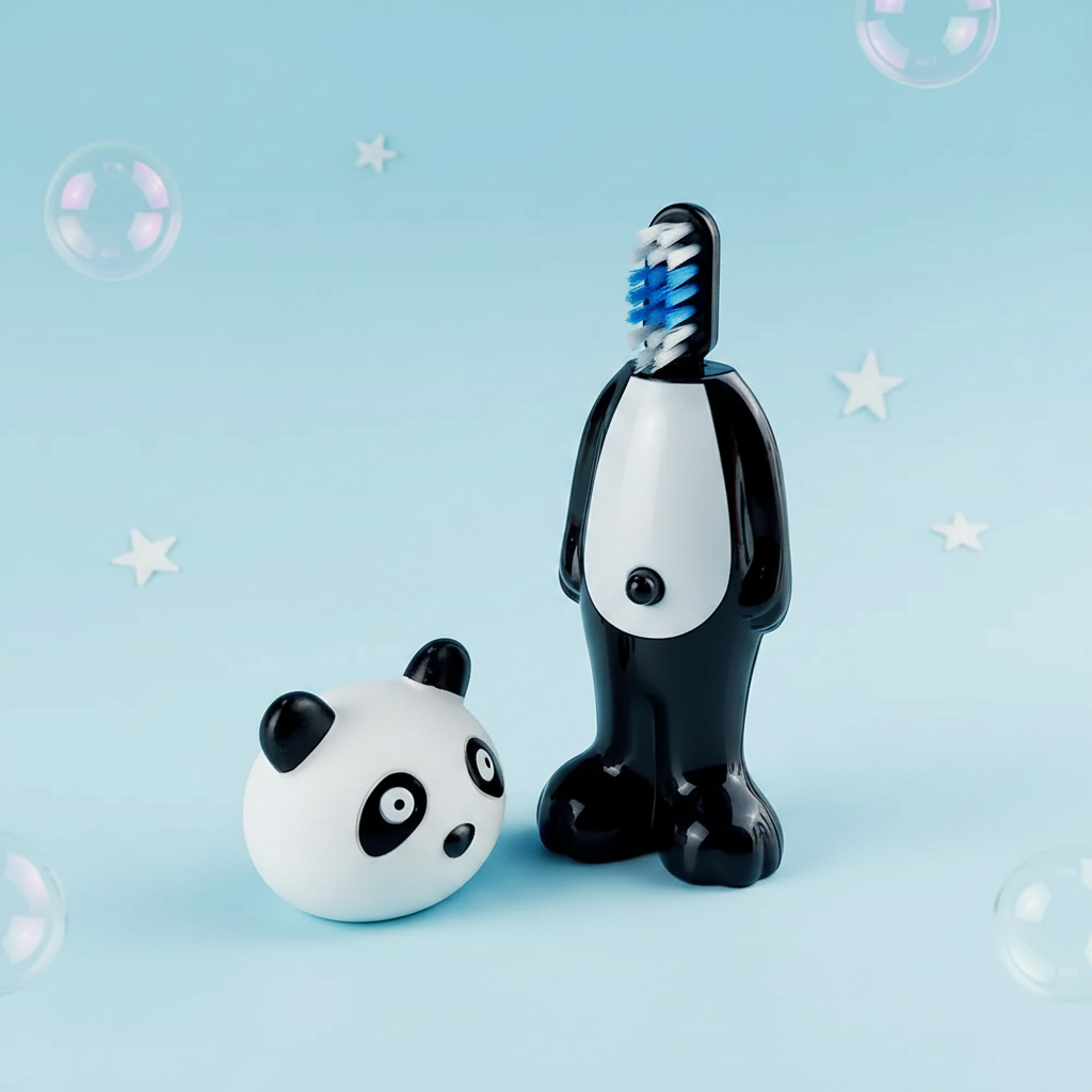 Panda toothbrush standing with exposed bristles and its removable character cover beside it