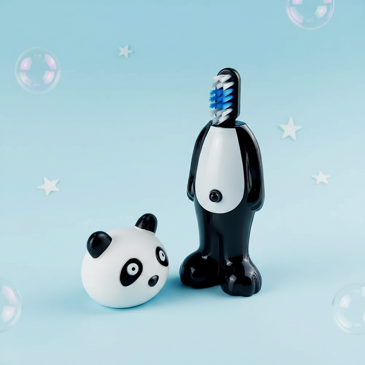 Panda toothbrush standing with exposed bristles and its removable character cover beside it