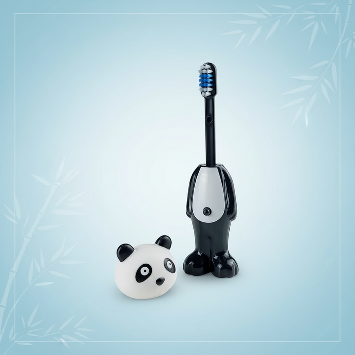 Black-and-white panda toothbrush displayed with its brush head uncovered and cover beside the base