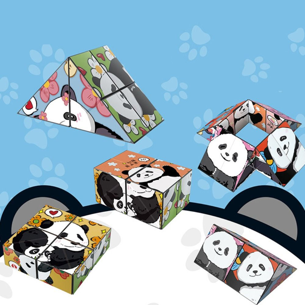 Triangle panda puzzle shown with cube-shaped and open folding arrangements