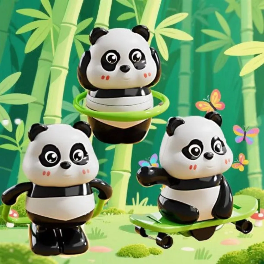 Wind-up panda toys shown with a green hoop, jump rope, and skateboard.