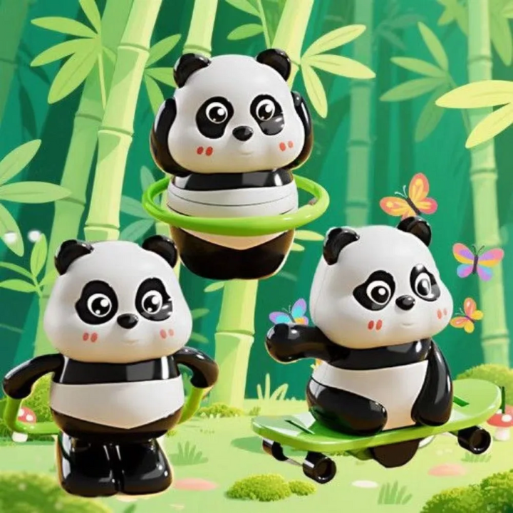 Wind-up panda toys shown with a green hoop, jump rope, and skateboard.