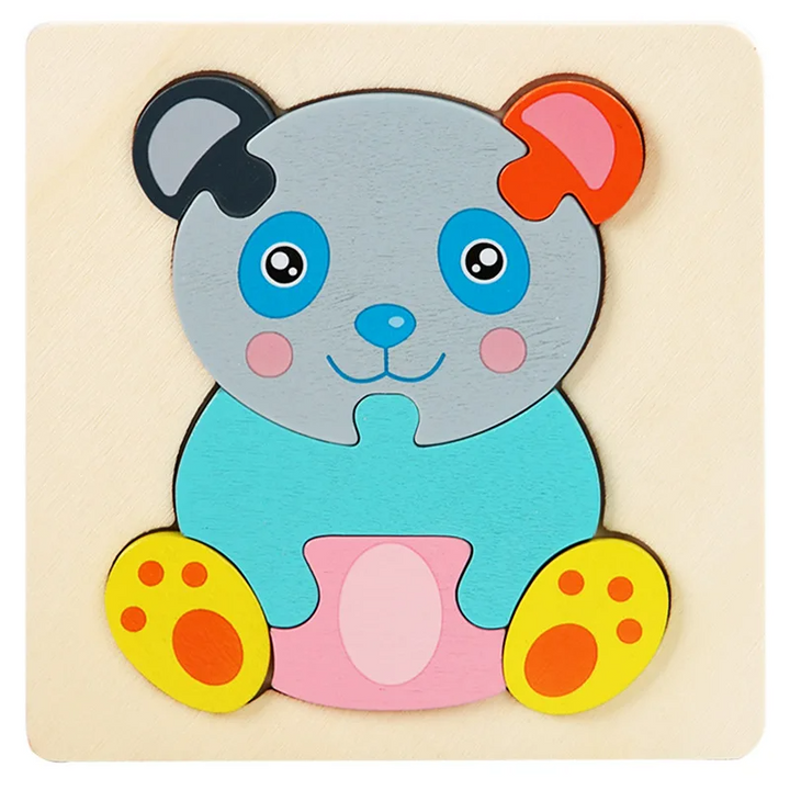 Panda wooden jigsaw puzzle with a turquoise body, gray head, and yellow paws