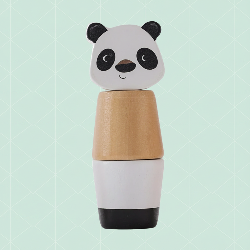 Panda wooden stacking toy with a natural wood body and black-and-white details