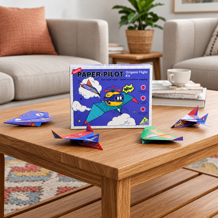 Colorful paper airplanes displayed around the origami kit box on a living room coffee table