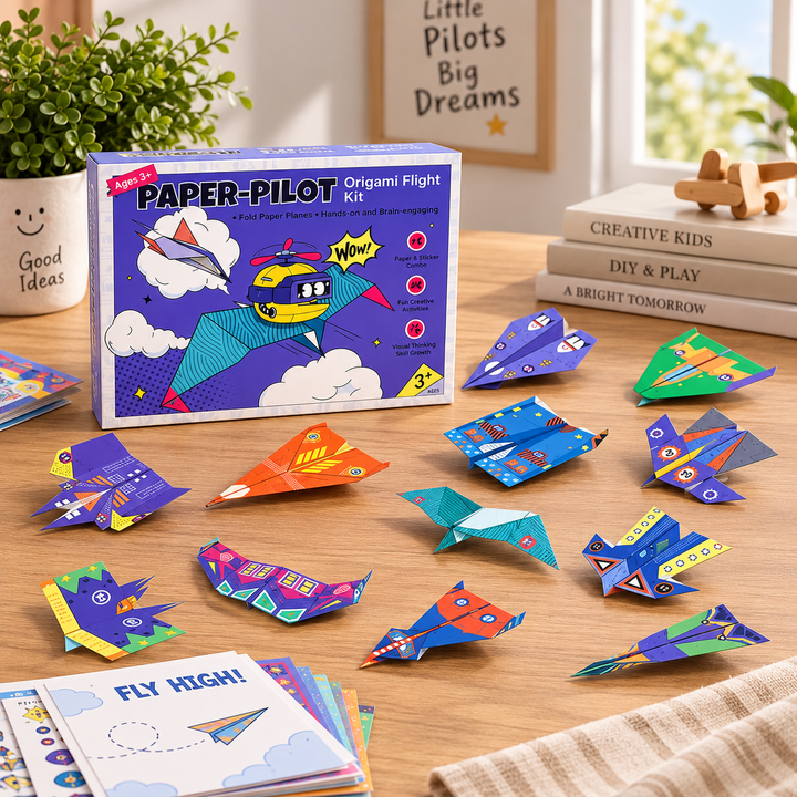 Colorful folded paper airplanes, instruction booklet, and origami kit box on a wooden table