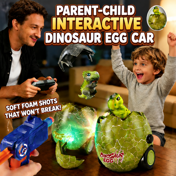 Parent and child playing with dinosaur egg cars and a foam dart blaster