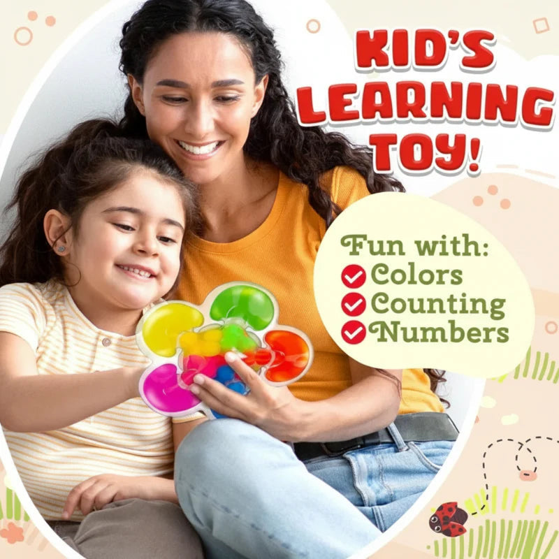 Parent and child holding a flower-shaped color sorting toy