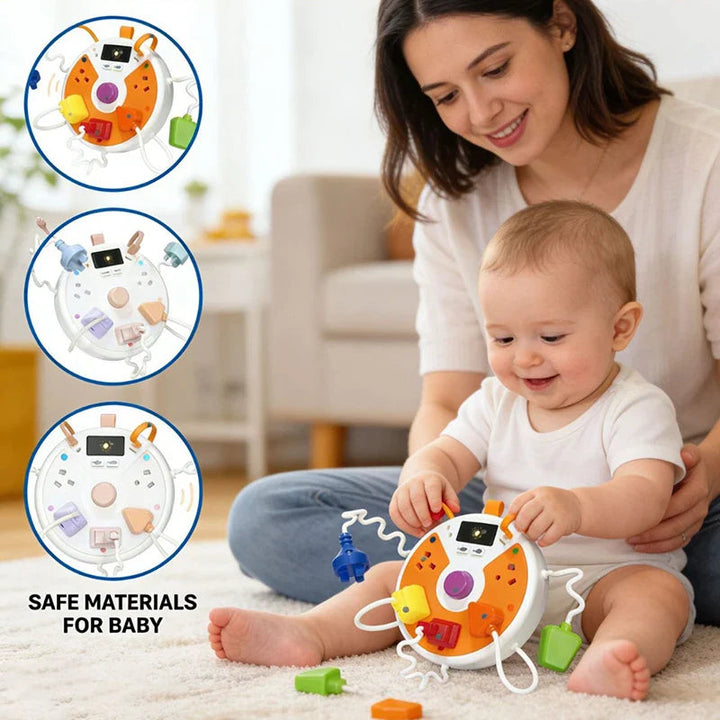Parent and child playing with the Orange busy board, with color options shown alongside