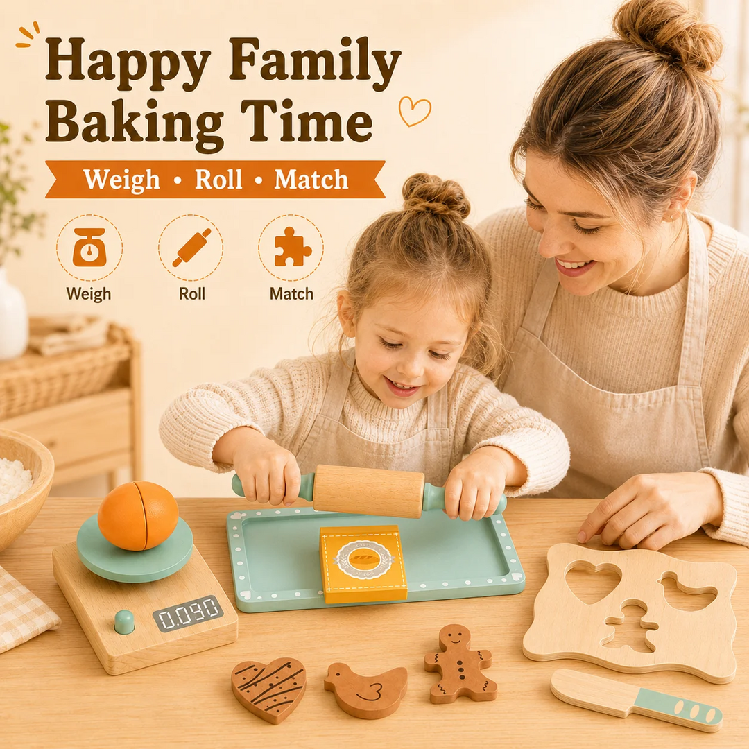 Adult and child rolling together with a wooden pretend baking set at a table