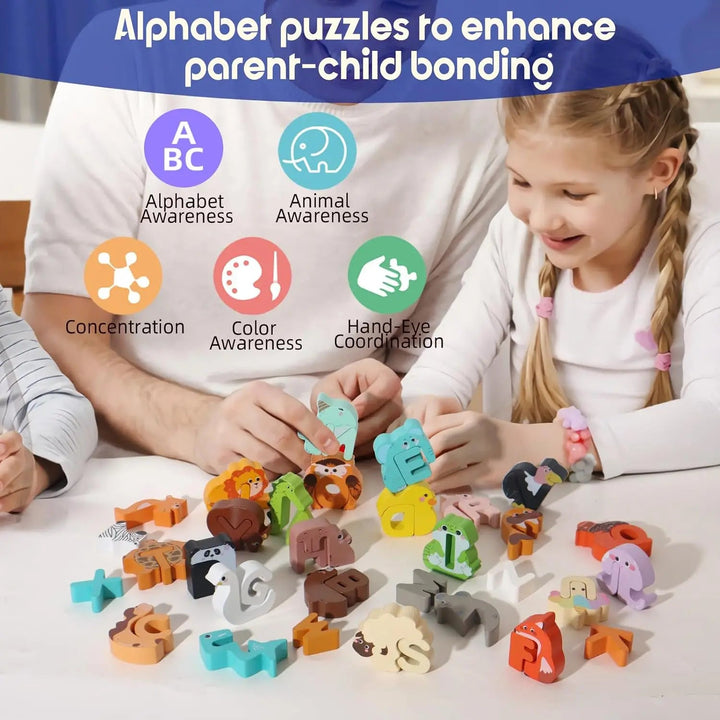 Adult and child matching colorful wooden animal alphabet pieces at a table.